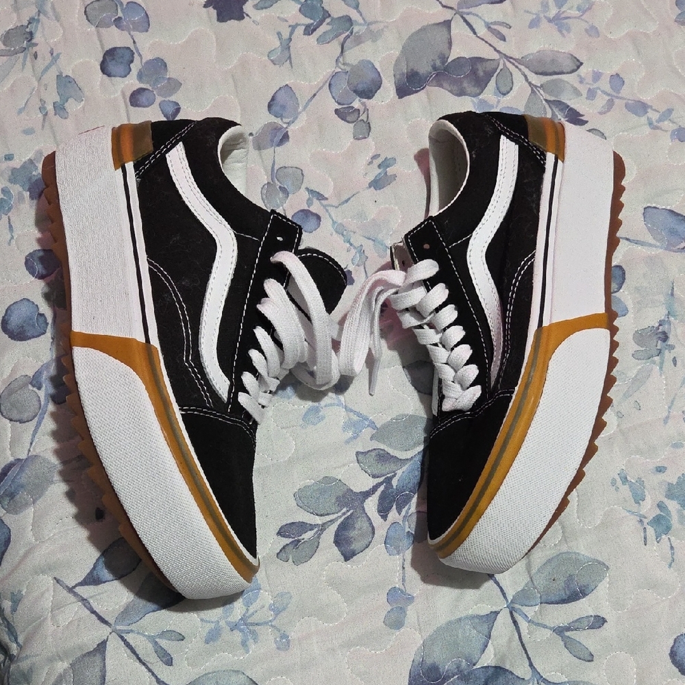 Vans Black and White Platform Sneakers with Brown Accents